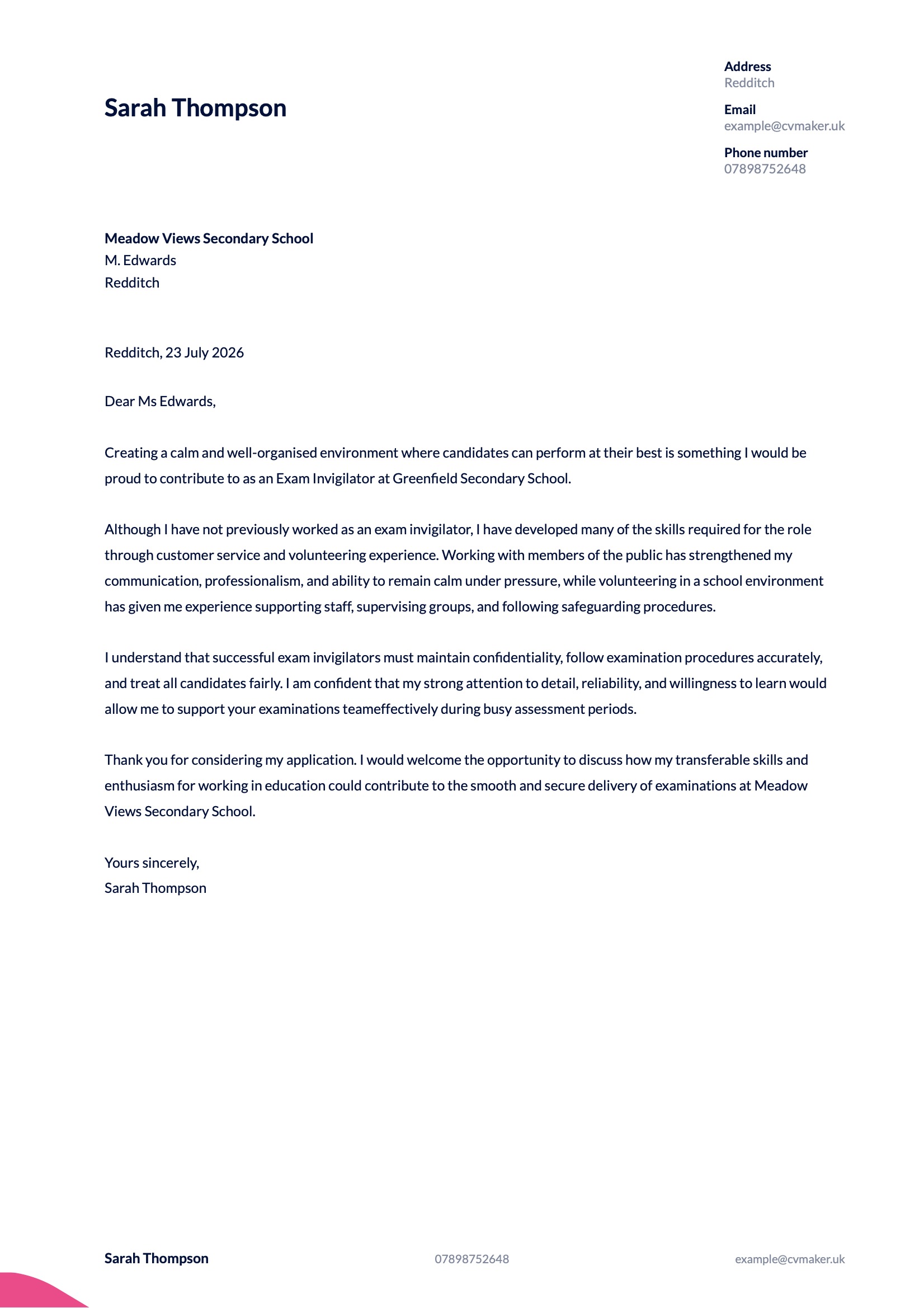 Exam Invigilator Cover Letter Example for Beginners
