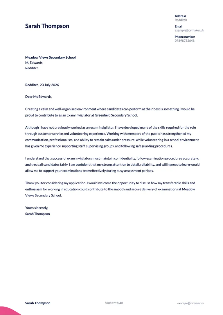 Exam Invigilator Cover Letter Example for Beginners