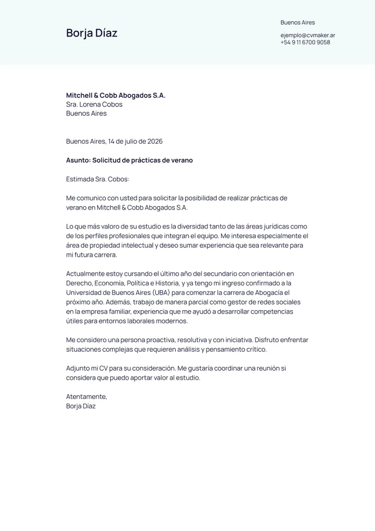 ejemplo de carta de presentación de pracitcás