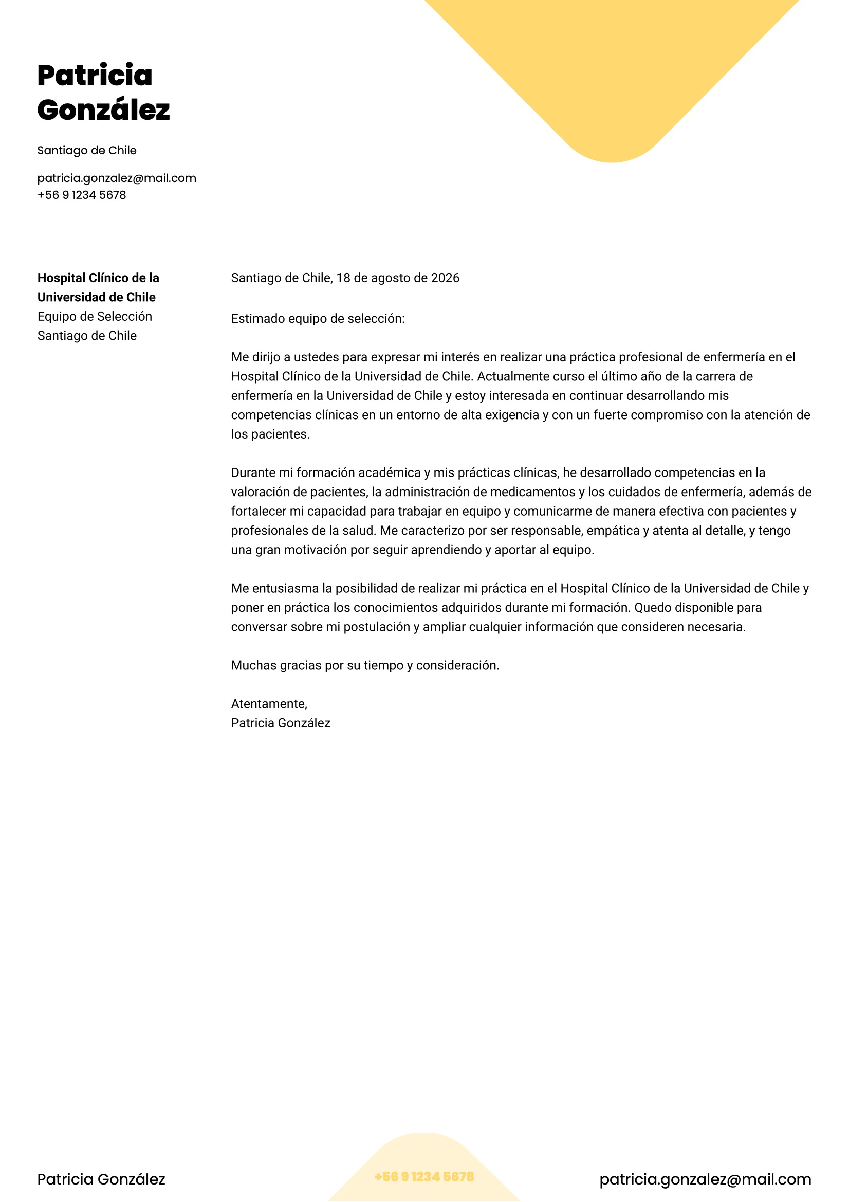 Ejemplo de carta de presentación para estudiante de enfermería