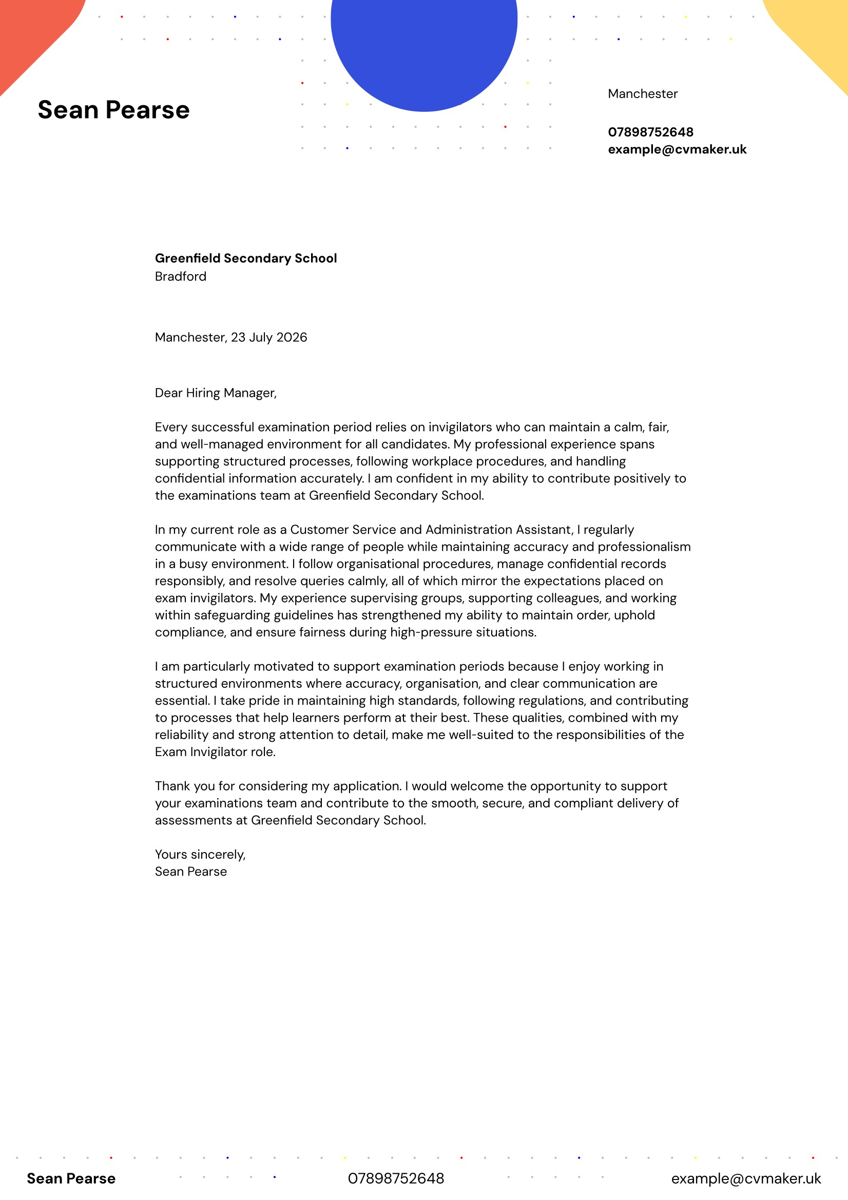 Exam invigilator cover letter example