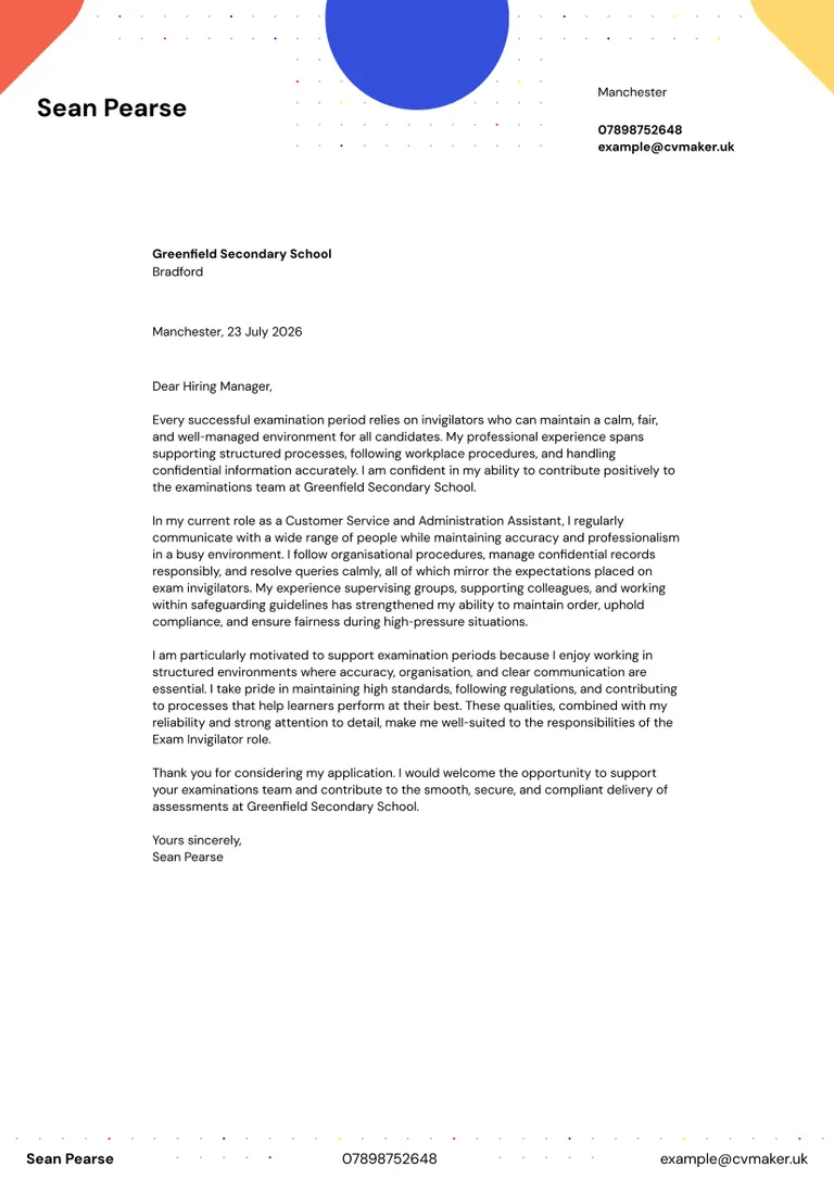 Exam invigilator cover letter example