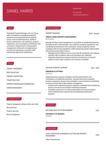 property manager cv example UK