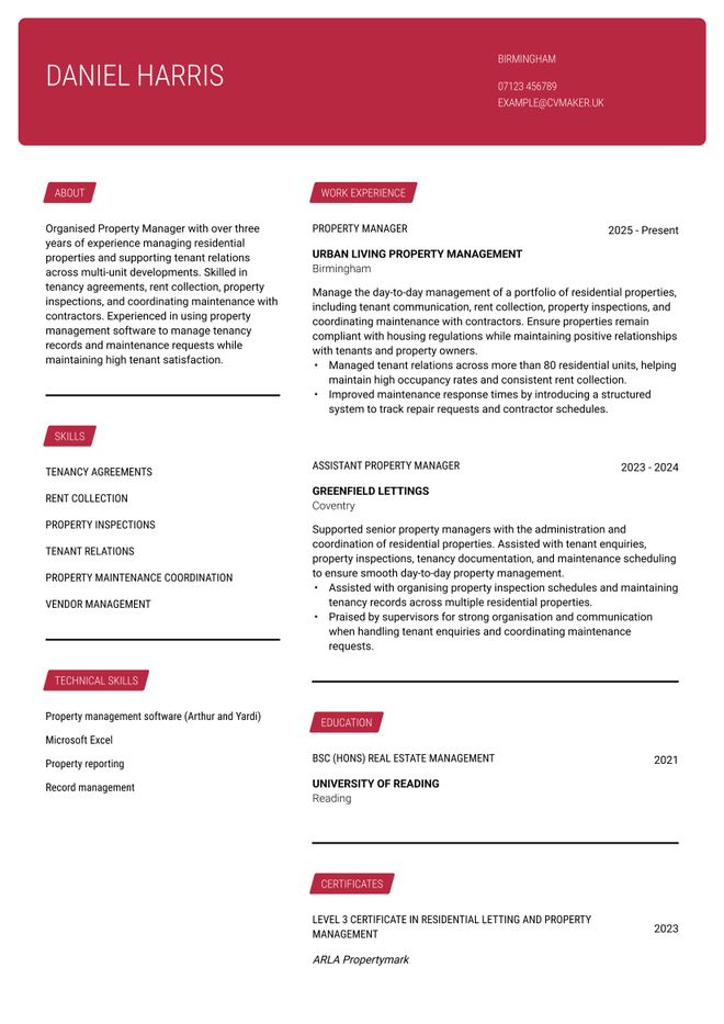 property manager cv example UK