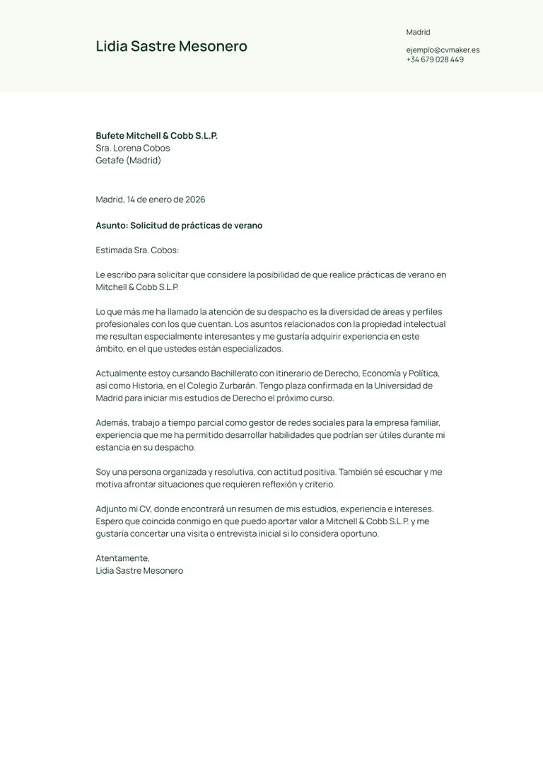 Ejemplo de carta de presentación de prácticas
