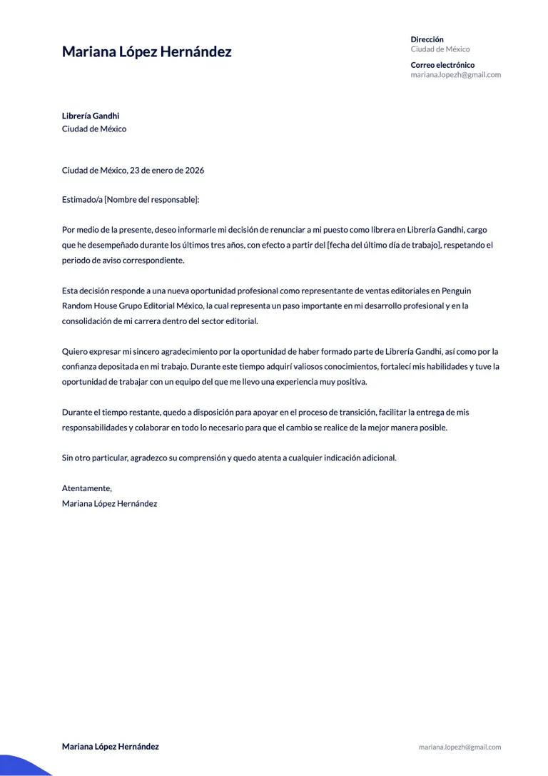 Ejemplo de carta de renuncia