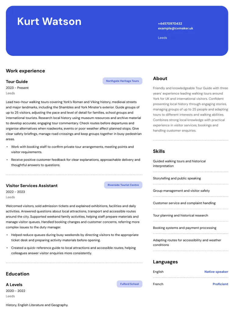 Tourist guide cv example with experience