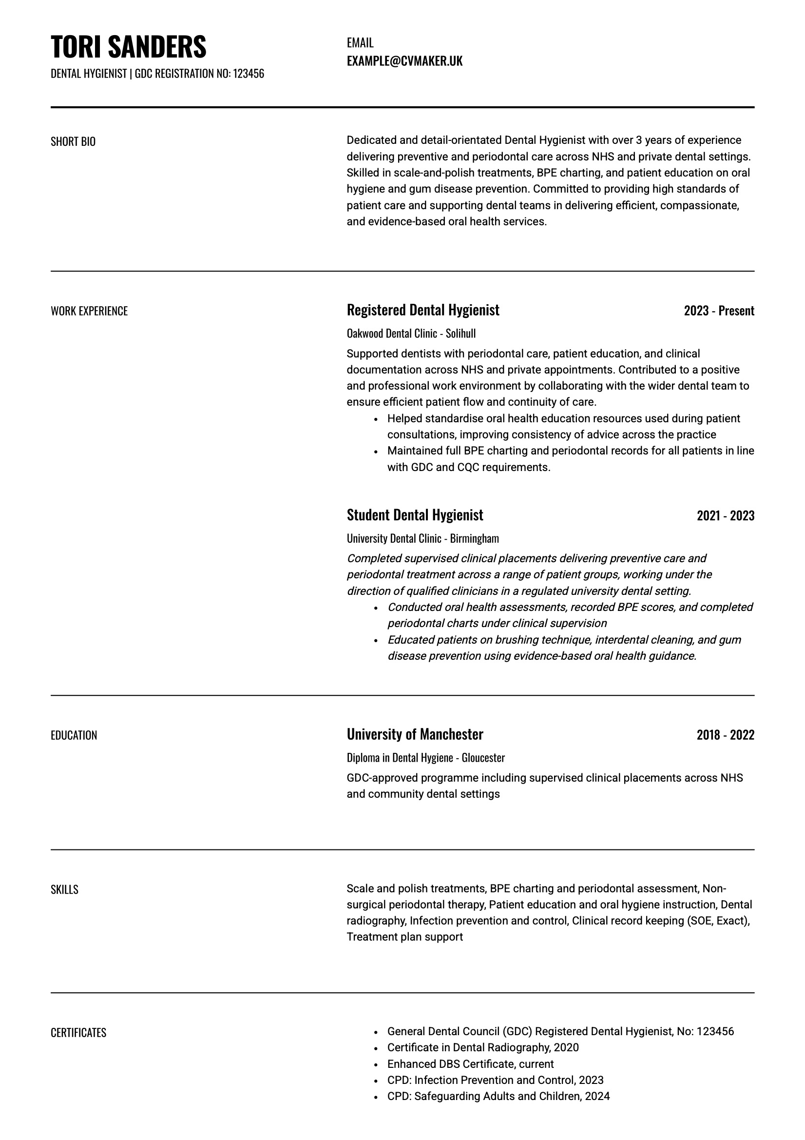 Dental hygienist CV sample