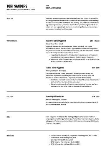 Dental hygienist CV sample