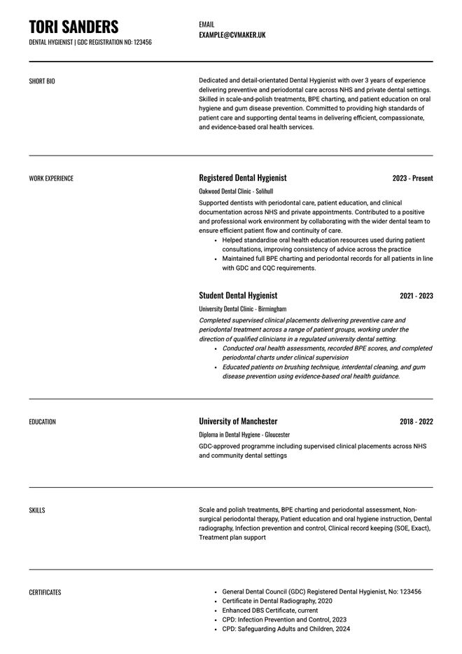Dental hygienist CV sample