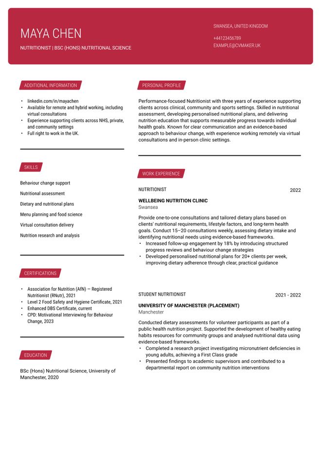 Nutritionist CV Example