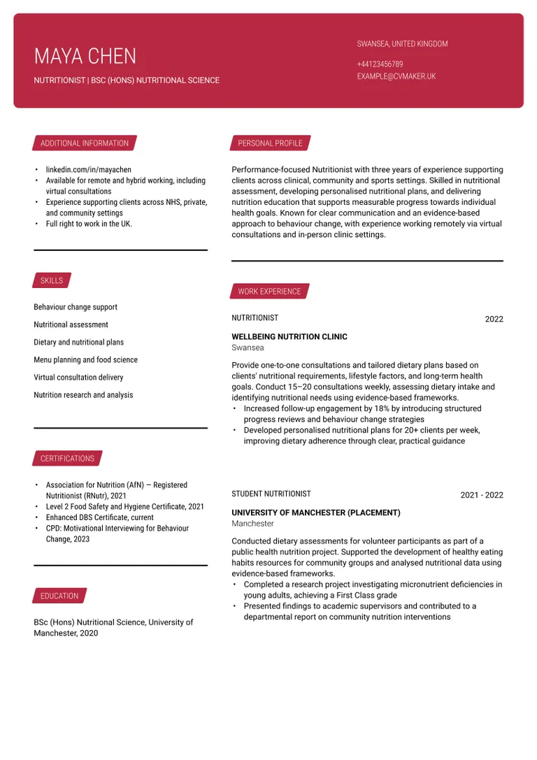 Nutritionist CV Example