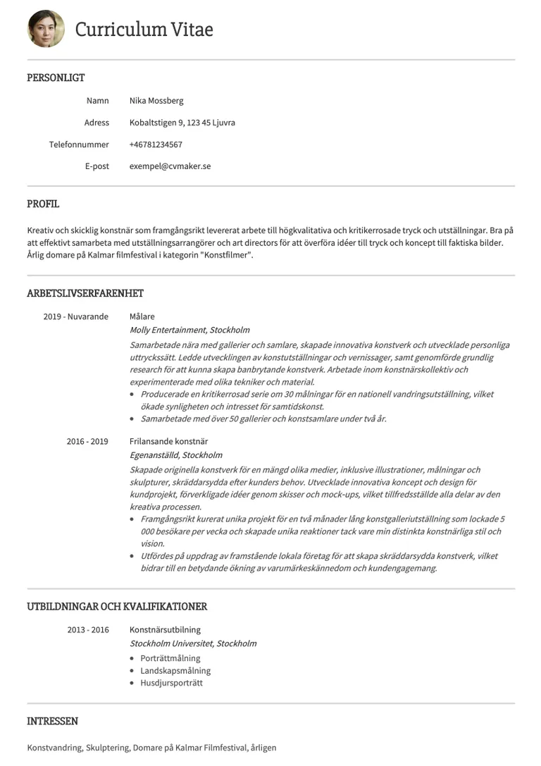 Hobbyer CV-exempel