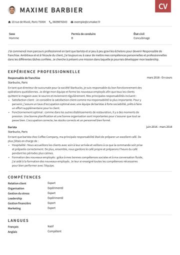 CV exemple otago rouge