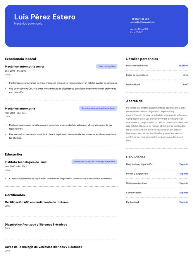 CV de mecánico