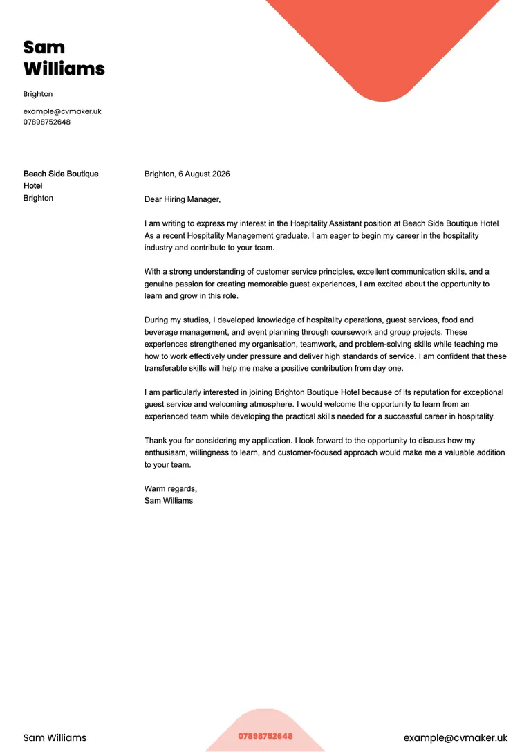 hospitality cover letter sample no experience