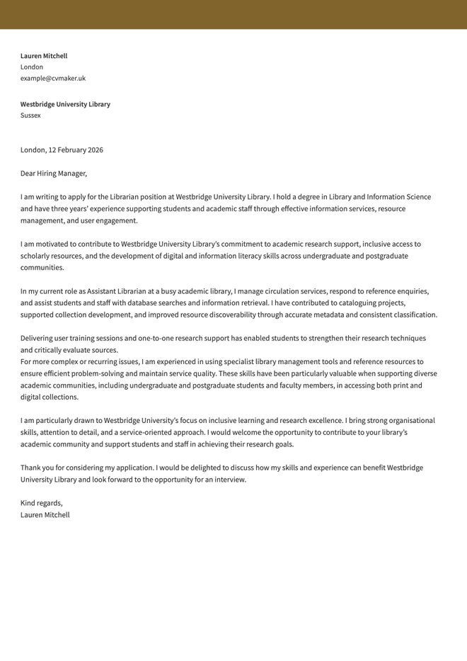 librarian cover letter sample