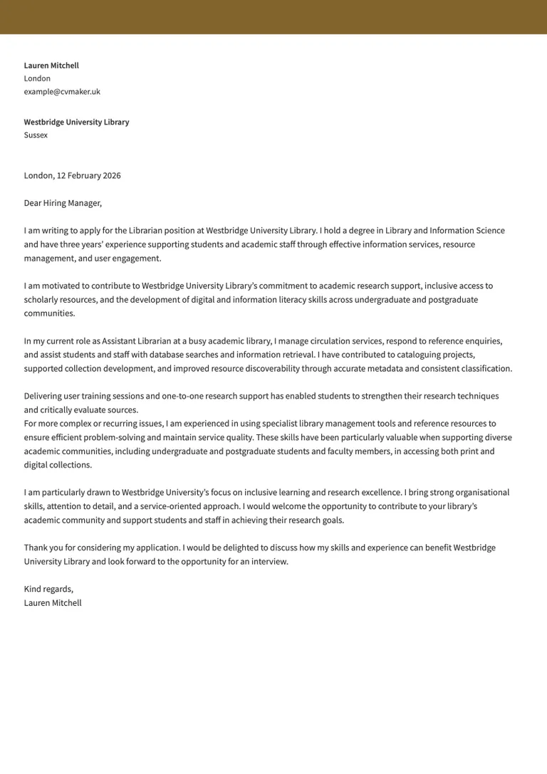 librarian cover letter sample