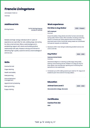 pet sitter/dog walker CV example