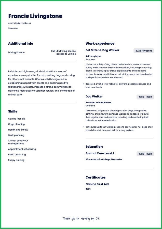 pet sitter/dog walker CV example