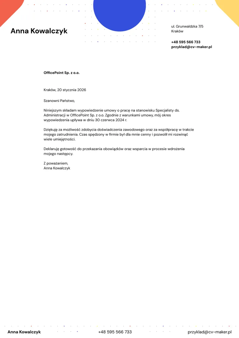 rezygnacji ze stanowiska pracownika biurowego