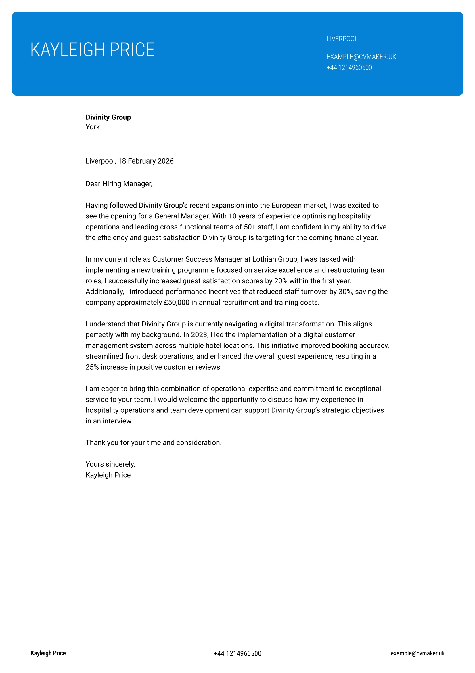 manager cover letter sample