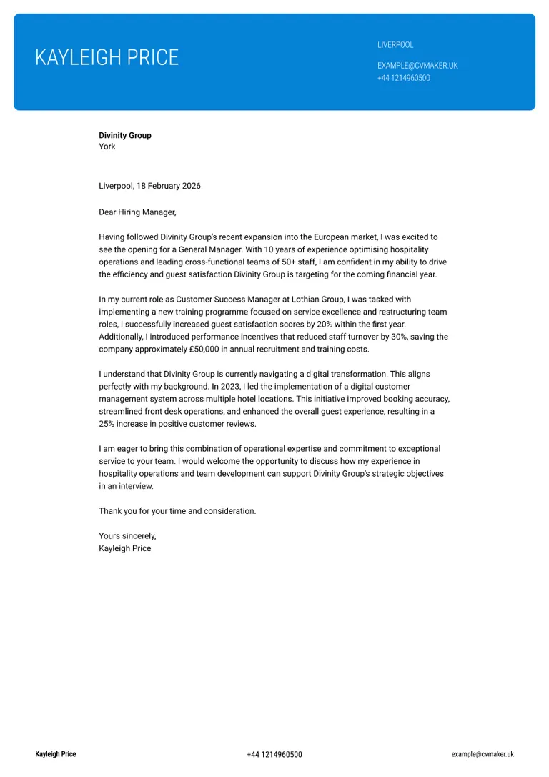 manager cover letter sample