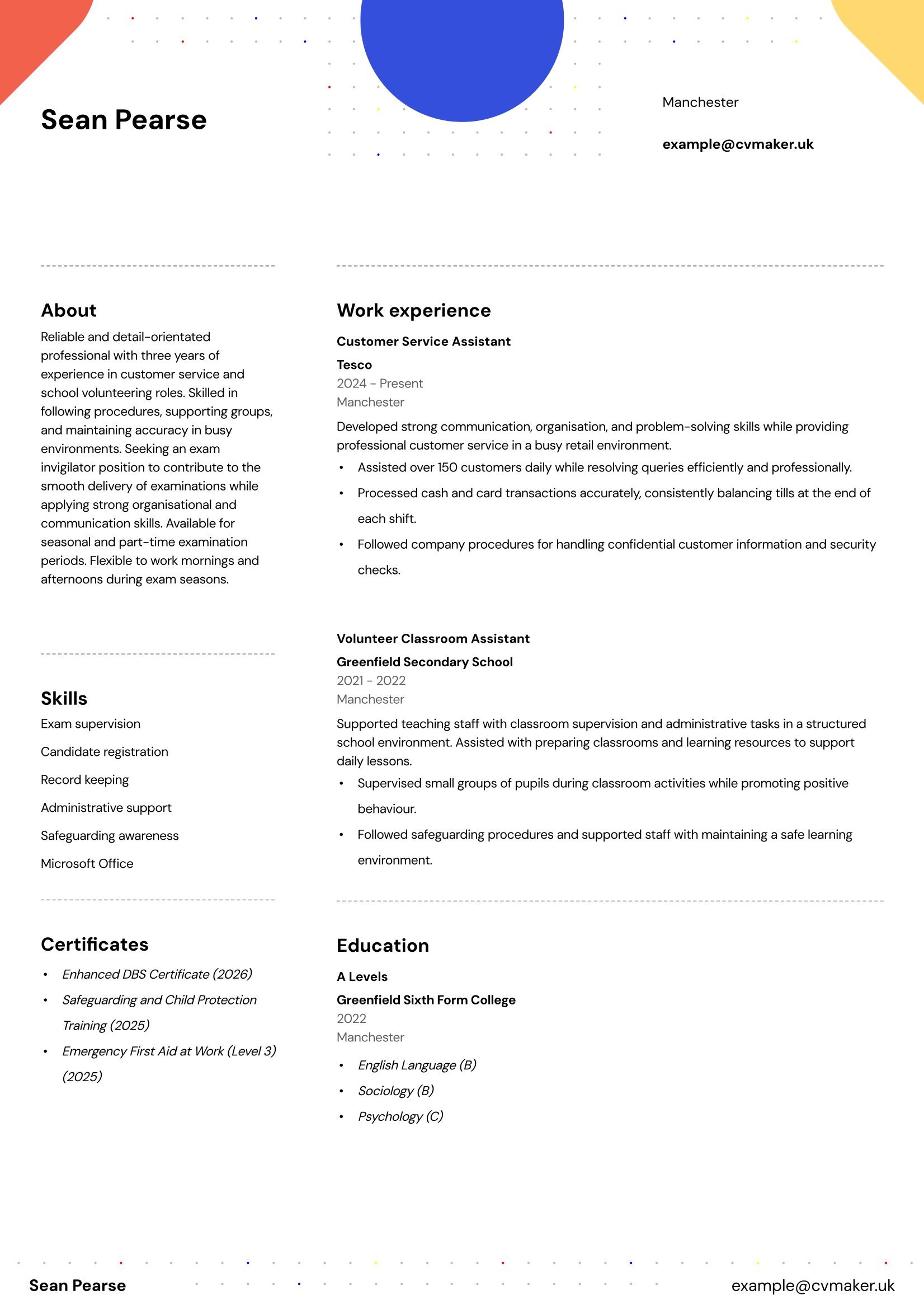 Exam Invigilator CV