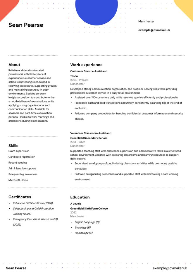 exam invigilator cv example