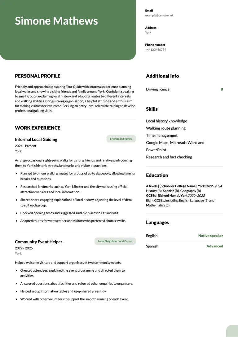 Tourist guide CV example no experience