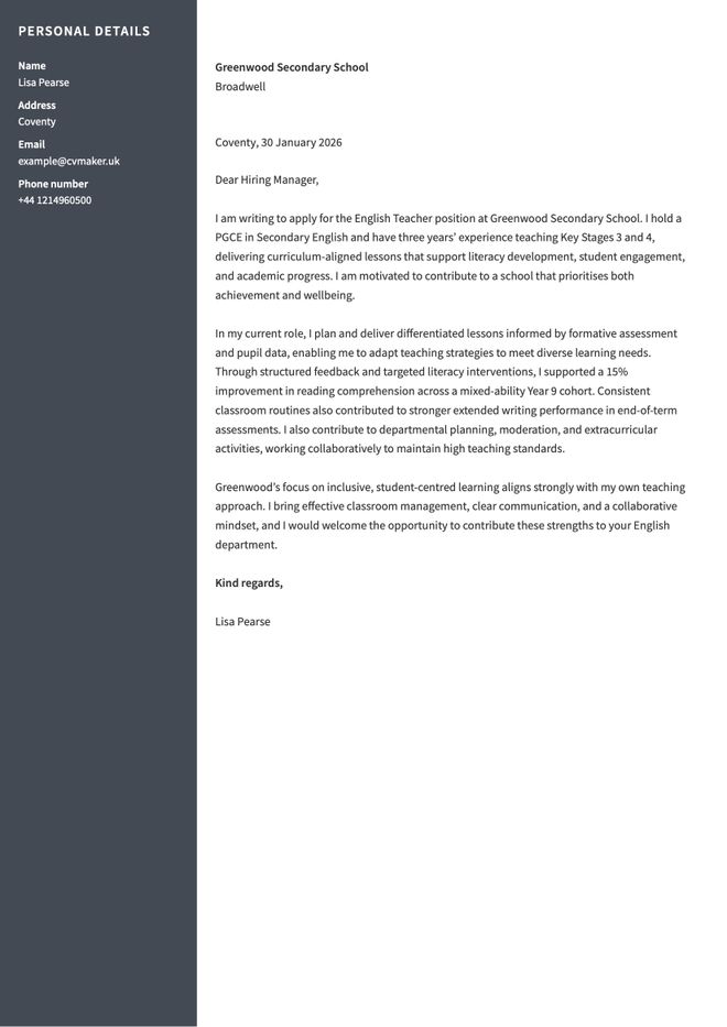 teacher cover letter example