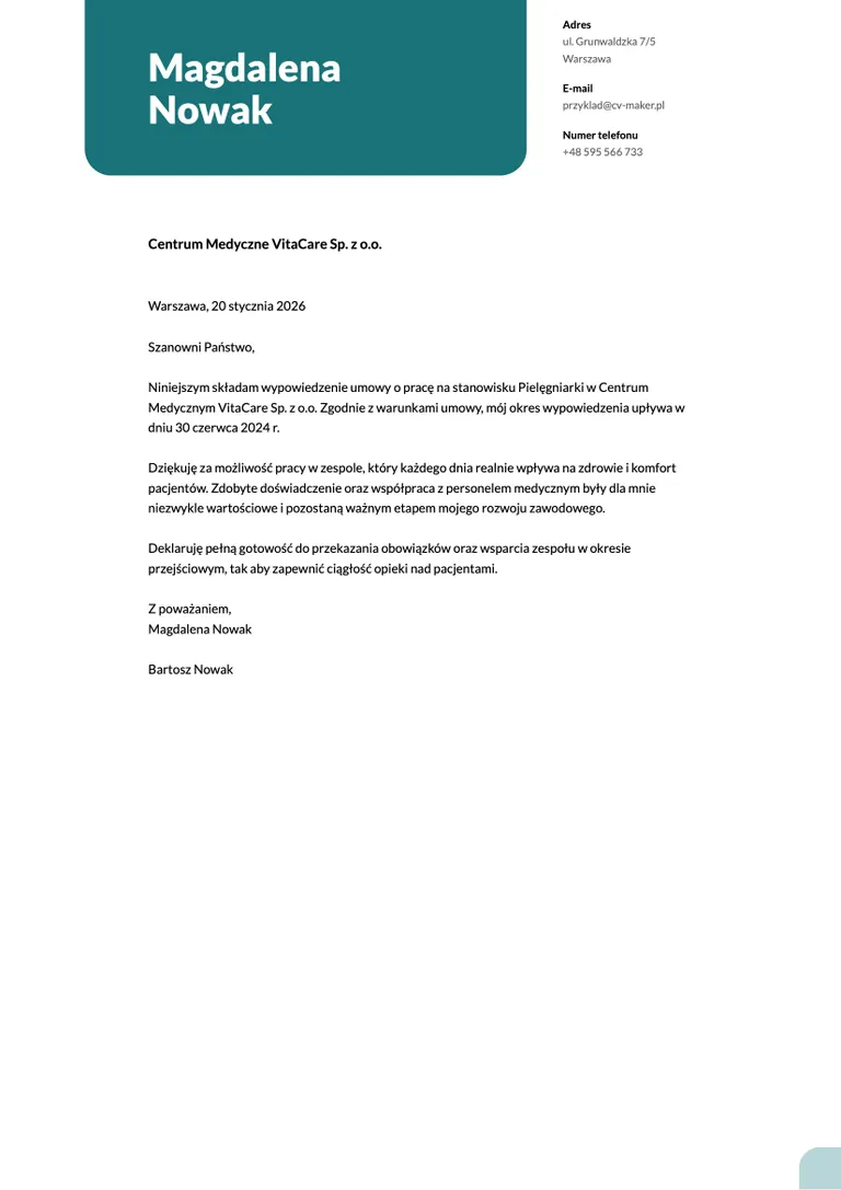 Rezygnacja ze stanowiska pielęgniarki