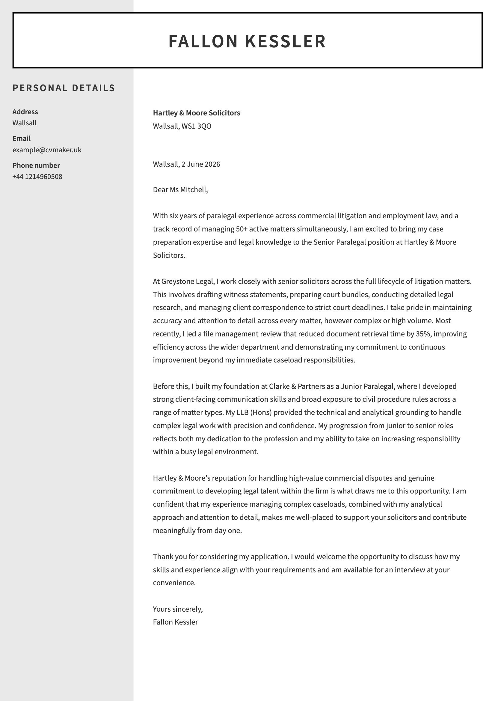 Paralegal Cover Letter