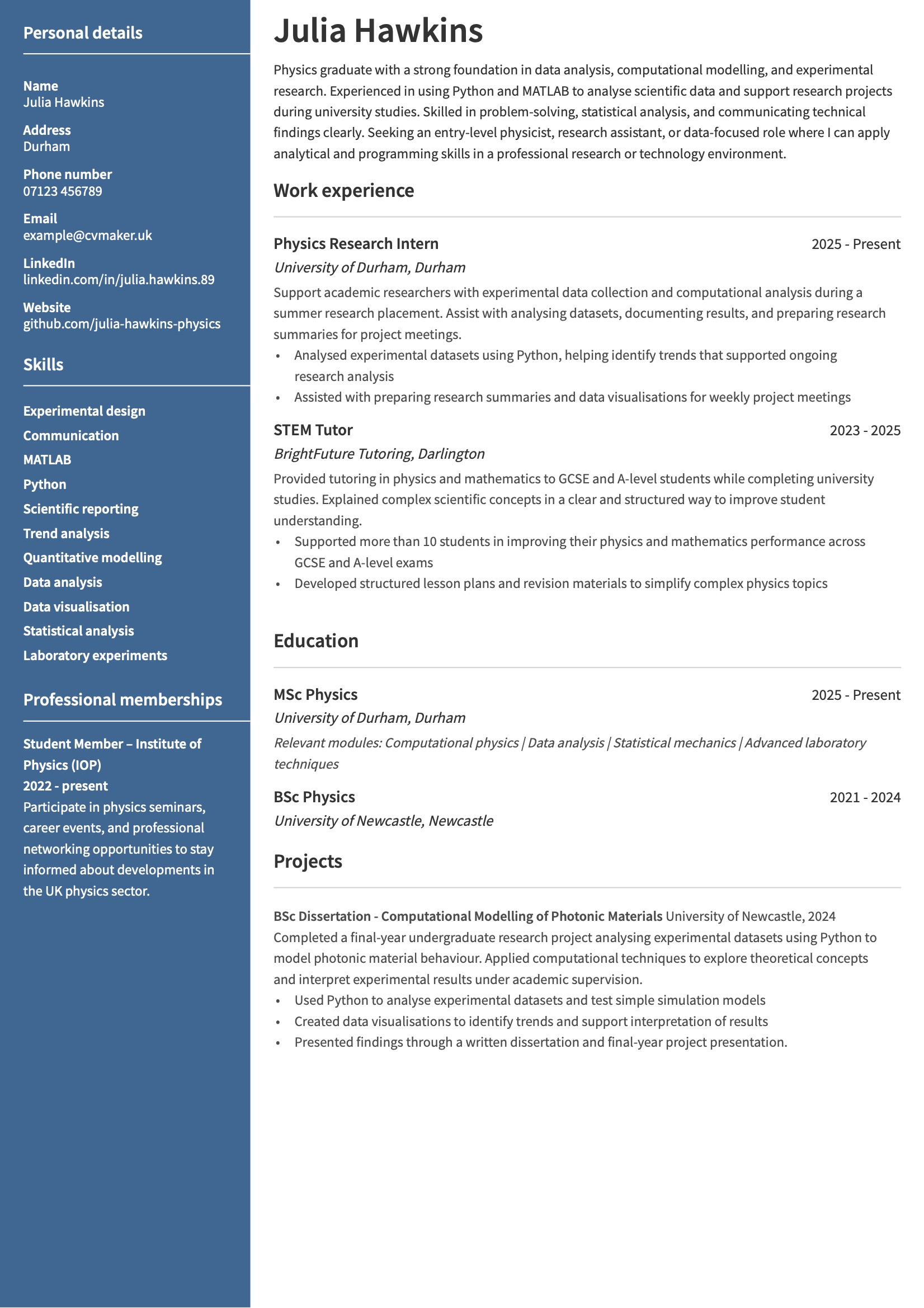 physicist cv example