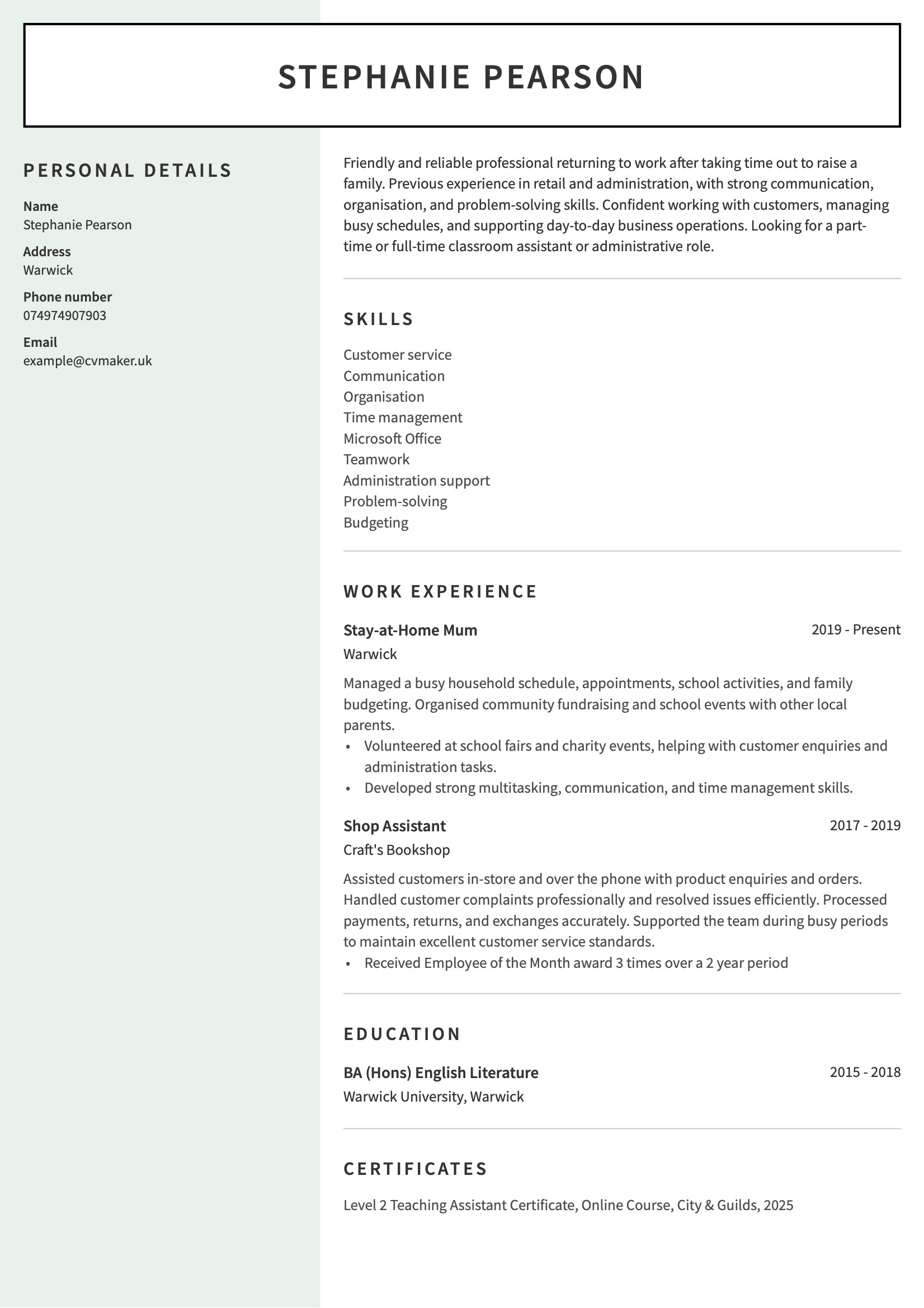 stay at home mum cv example