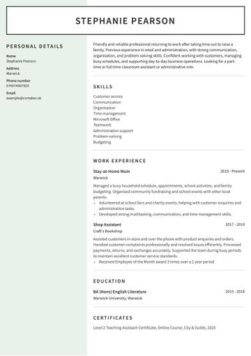 stay at home mum cv example