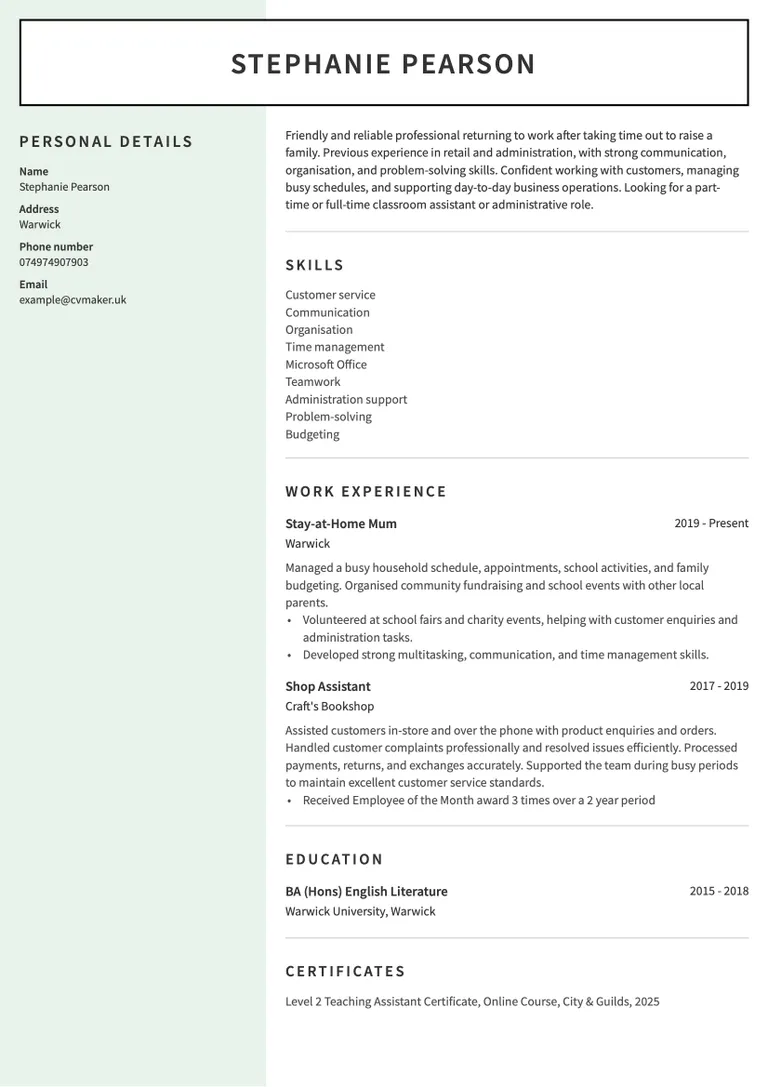 stay at home mum cv example