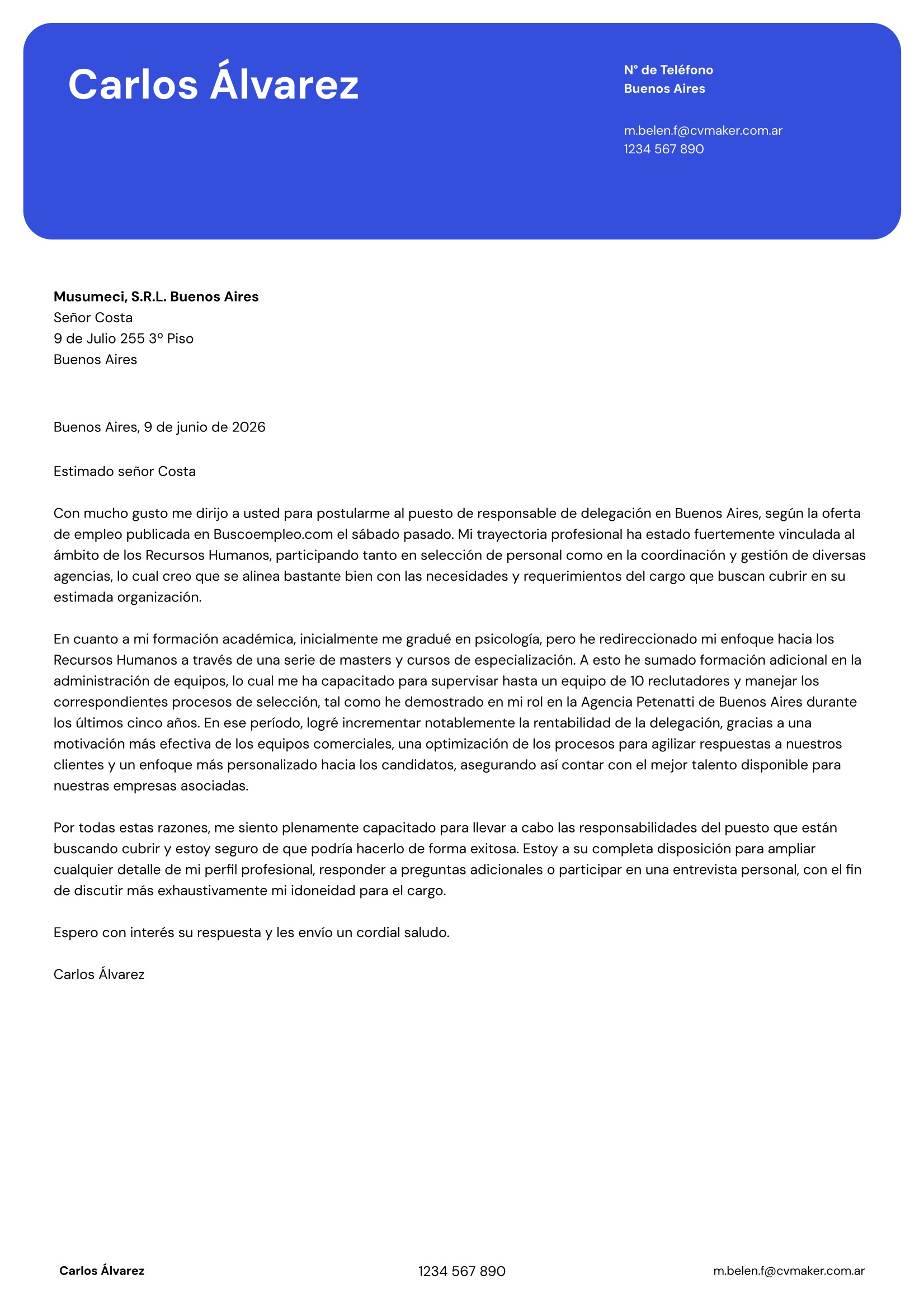 recursos humans carta de presentación ejemplo