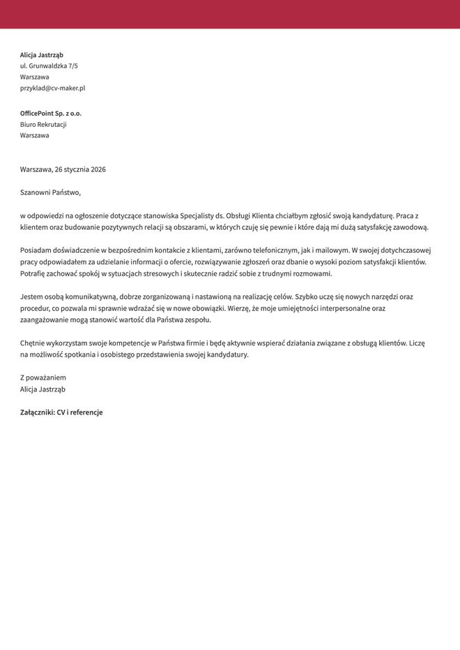 przykladowy list motywacyjny obsluga klienta