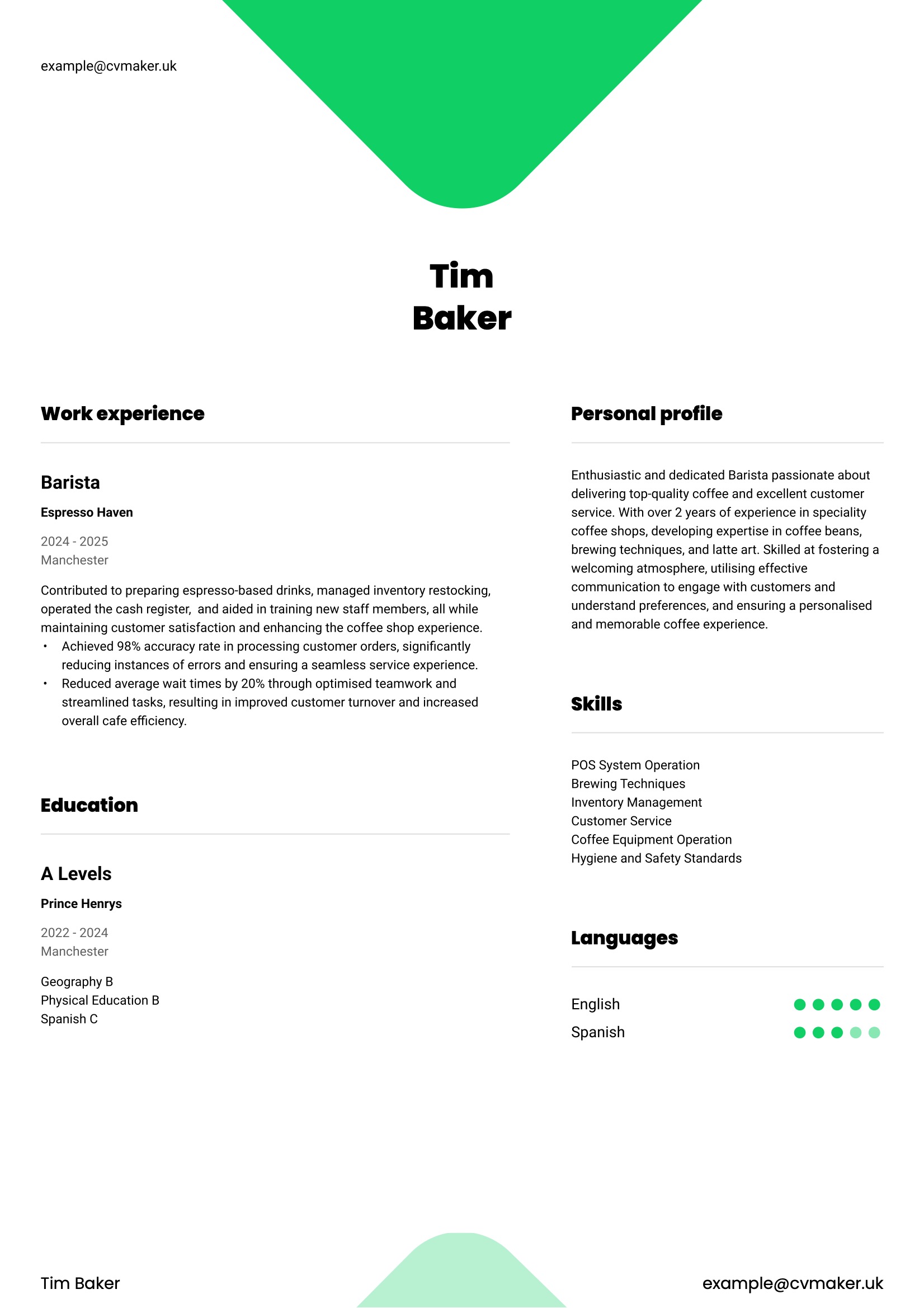 summer job cv example