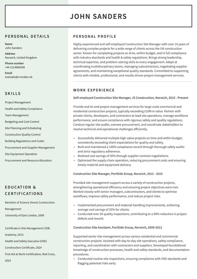 self employed cv example