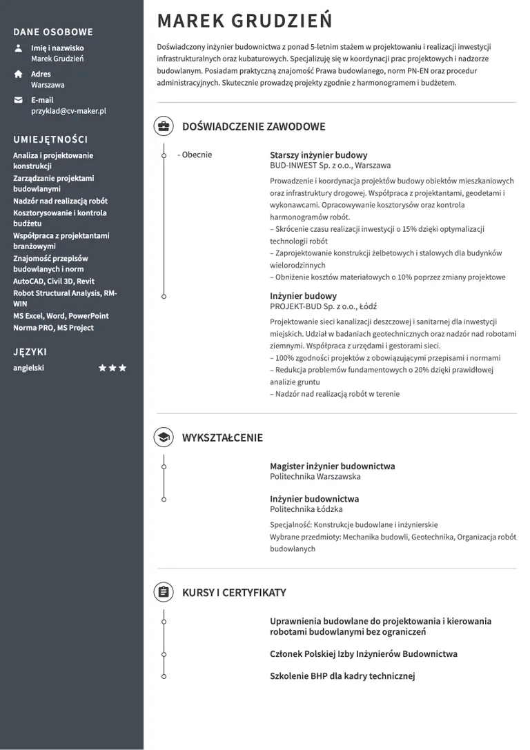 przyklad cv inzyniera budownictwa