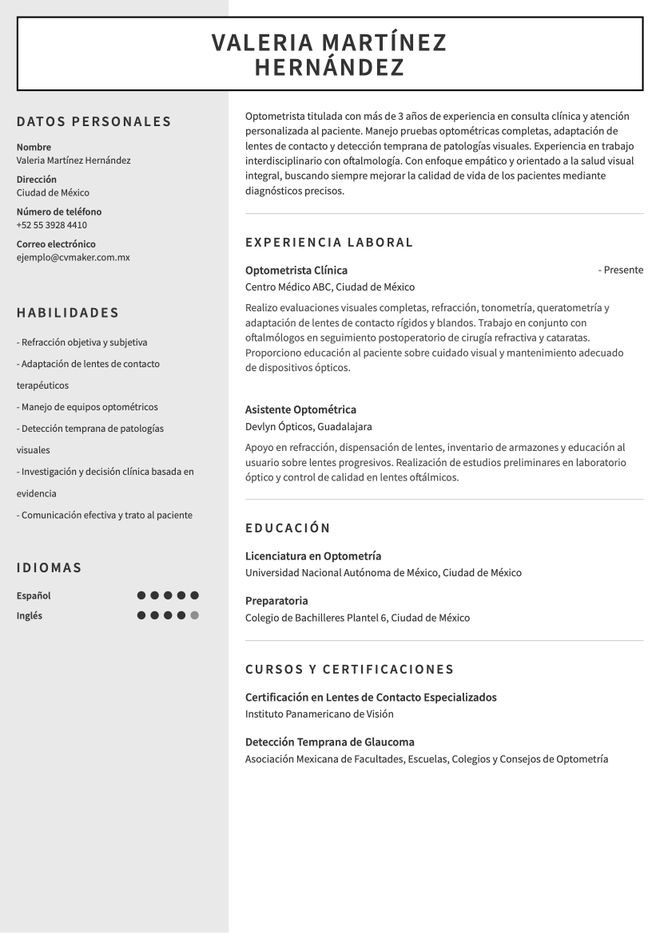 ejemplo de CV de optometrista