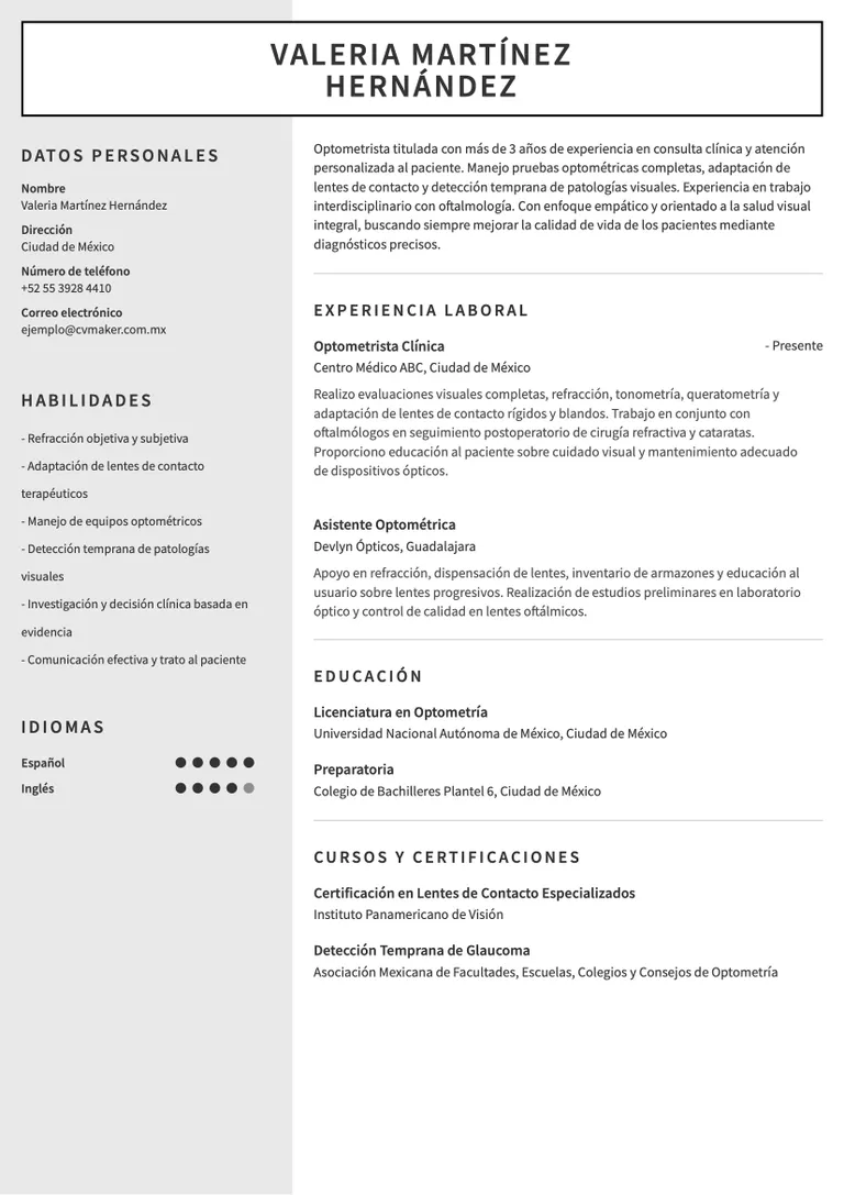 ejemplo de CV de optometrista