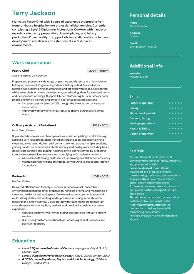 pastry chef cv sample