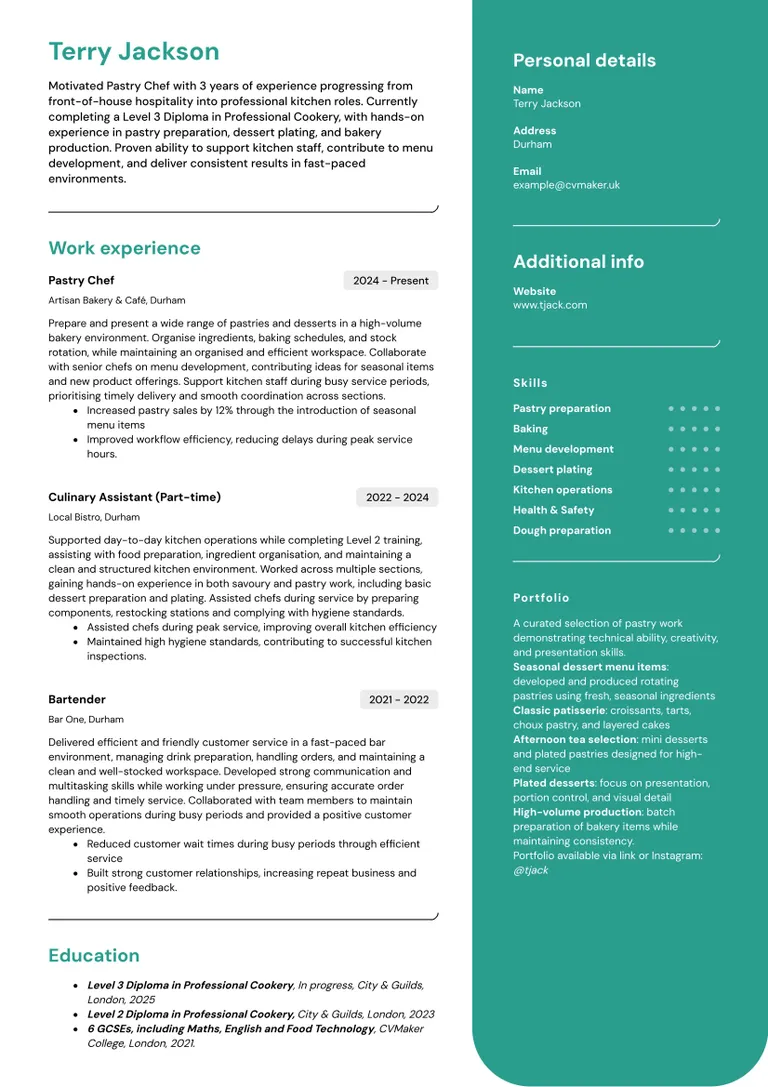 pastry chef cv sample