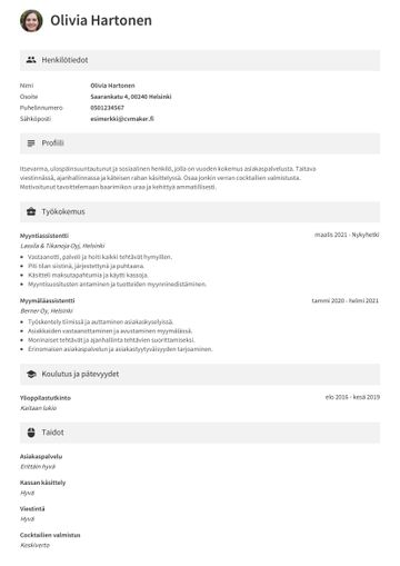 Baarimestarin CV-esimerkki