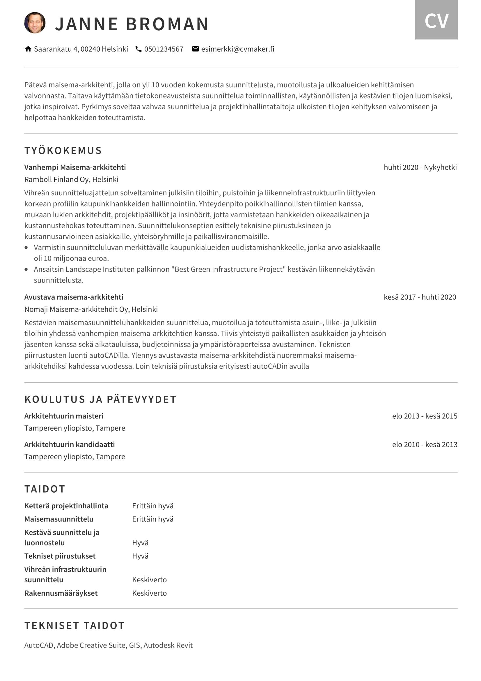 Arkkitehdin CV-esimerkki
