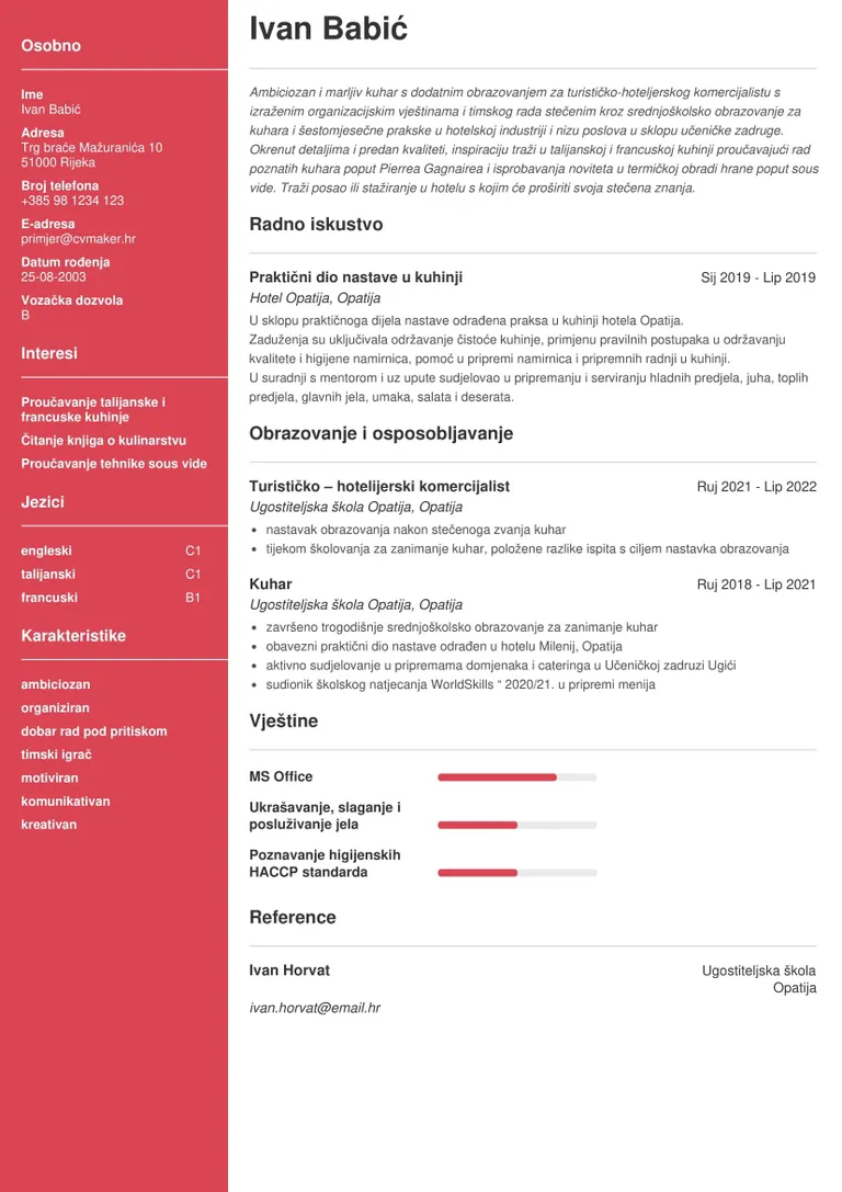 Primjer životopisa - životopis bez radnog iskustva
