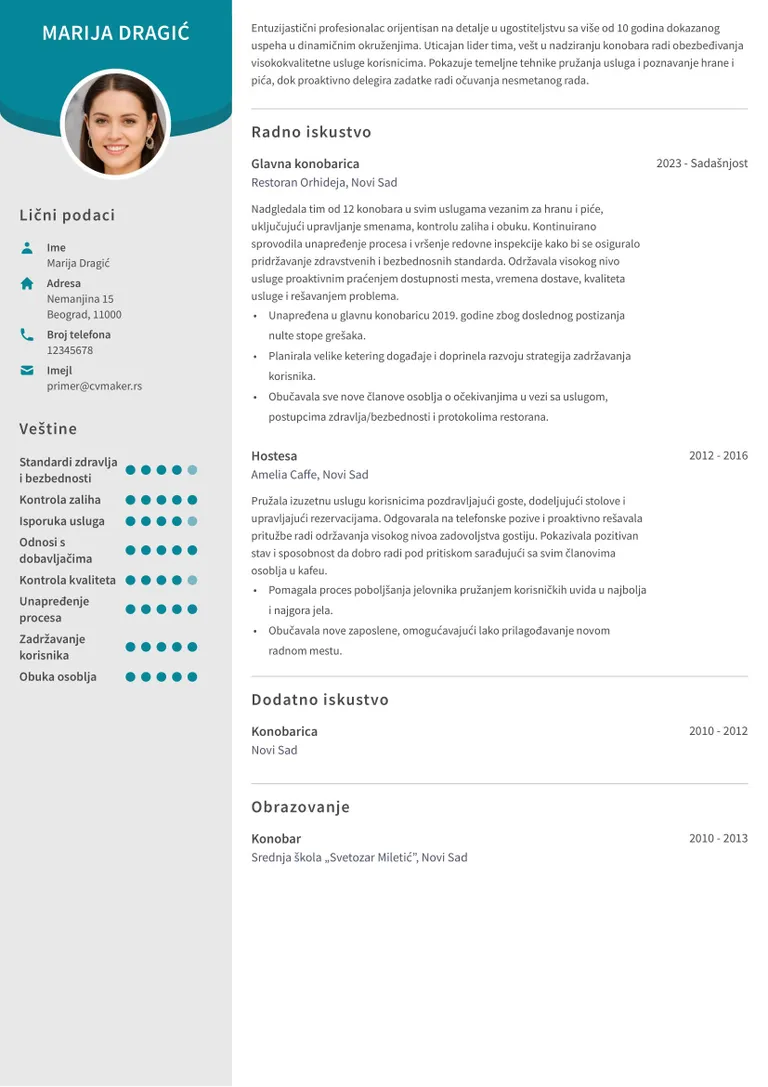 Primer CV-ja za konobara